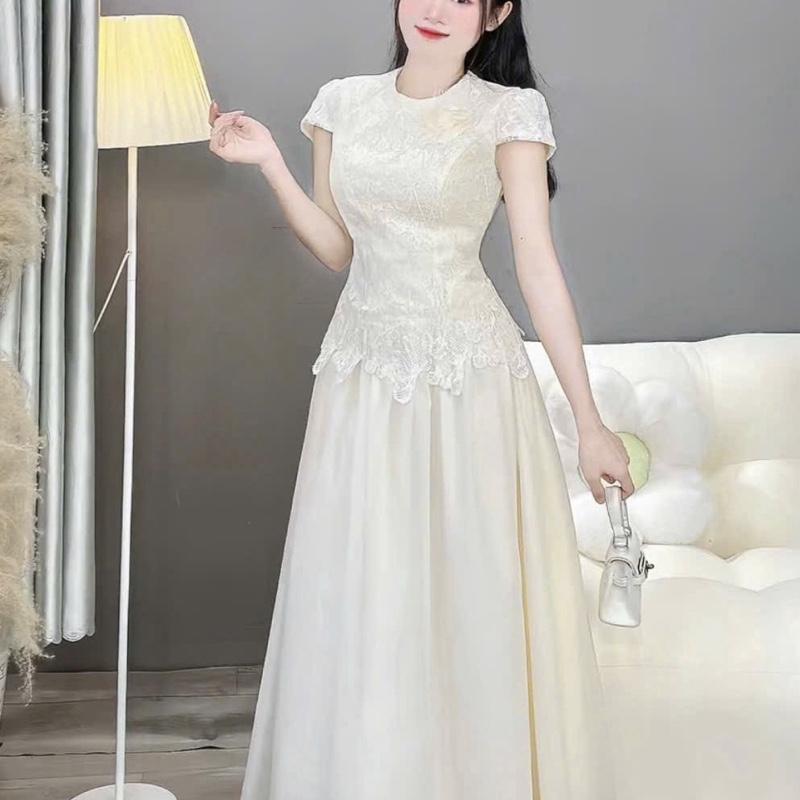  Đầm Liền Dáng Dài Ren Phối  3 Lop Kèm Tặng Hoa Thanh Lịch ,Dịu Dàng ADORA Dress 