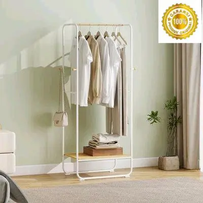 NEW! Rak Gantungan Pakaian Stainless Standing Single Dengan Ambalan Bambu Modern 74x40x160 cm - Putih/Cokelat