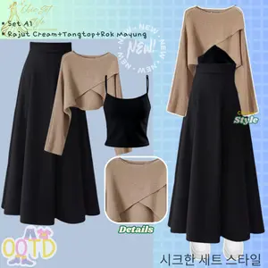 1 Set Korean Style ( Rajut Silang Tangtop Rok Mayung ) OOTD Wanita Setelan Dewasa Oversize CS027 Baju Lengan Panjang Atasan Remaja Bawahan Hitam Cream Fit Rib Tebal Kantong Karet Kombinasi Scuba Kerja Jumpsuit Casual