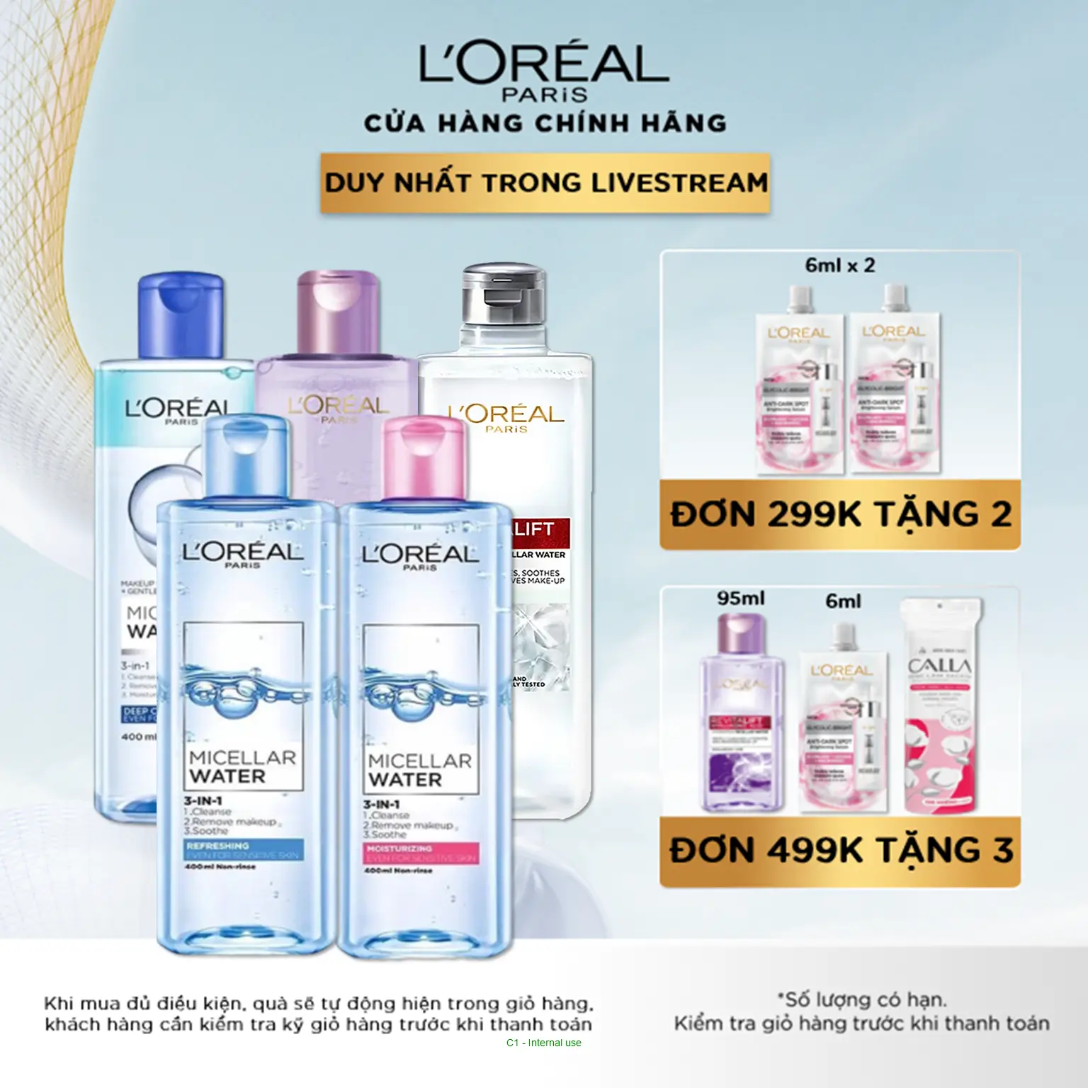 Nước tẩy trang và làm sạch sâu 3-in-1 L'Oreal Paris Micellar Water 400ml (5 phân loại) Cosmetic