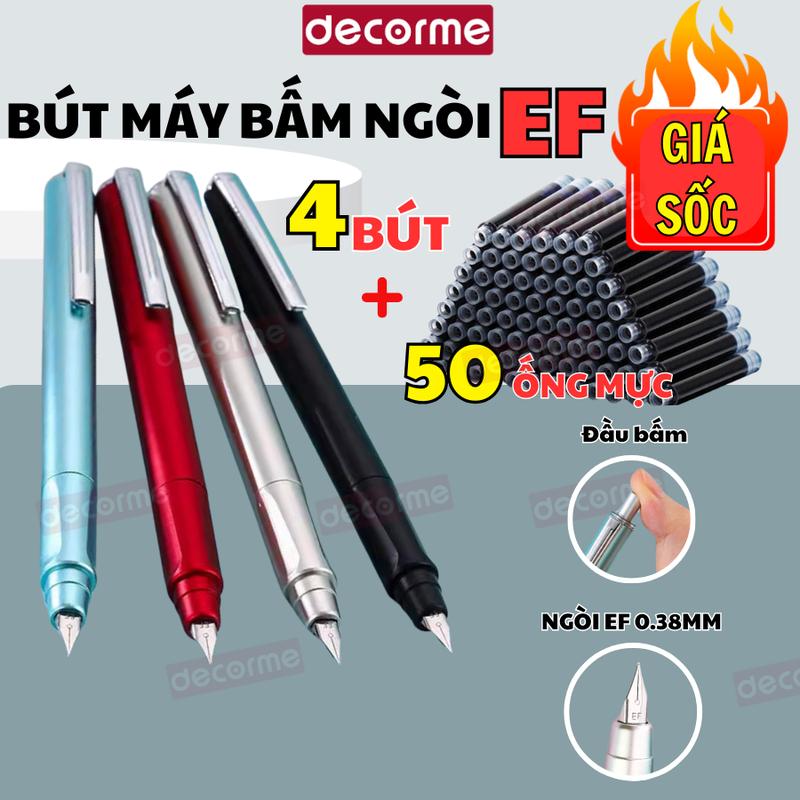 4 bút + 50 ống mực bút máy bấm EF 0.38MM 3 màu đen xanh tím Decorme Viết trơn, Ngòi bền, mực bơm và ống mực, có rãnh định vị cầm bút đúng tư thế