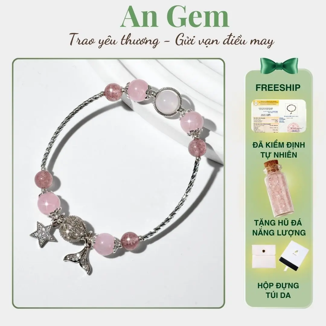 Vòng tay An gem đá dâu hồng mix full charm phụ kiện nữ, lắc tay nữ đá năng lượng tự nhiên phong thuỷ quà tặng sinh nhật giáng sinh Noel Tết Valentine  [TẶNG HŨ ĐÁ NĂNG LƯỢNG]