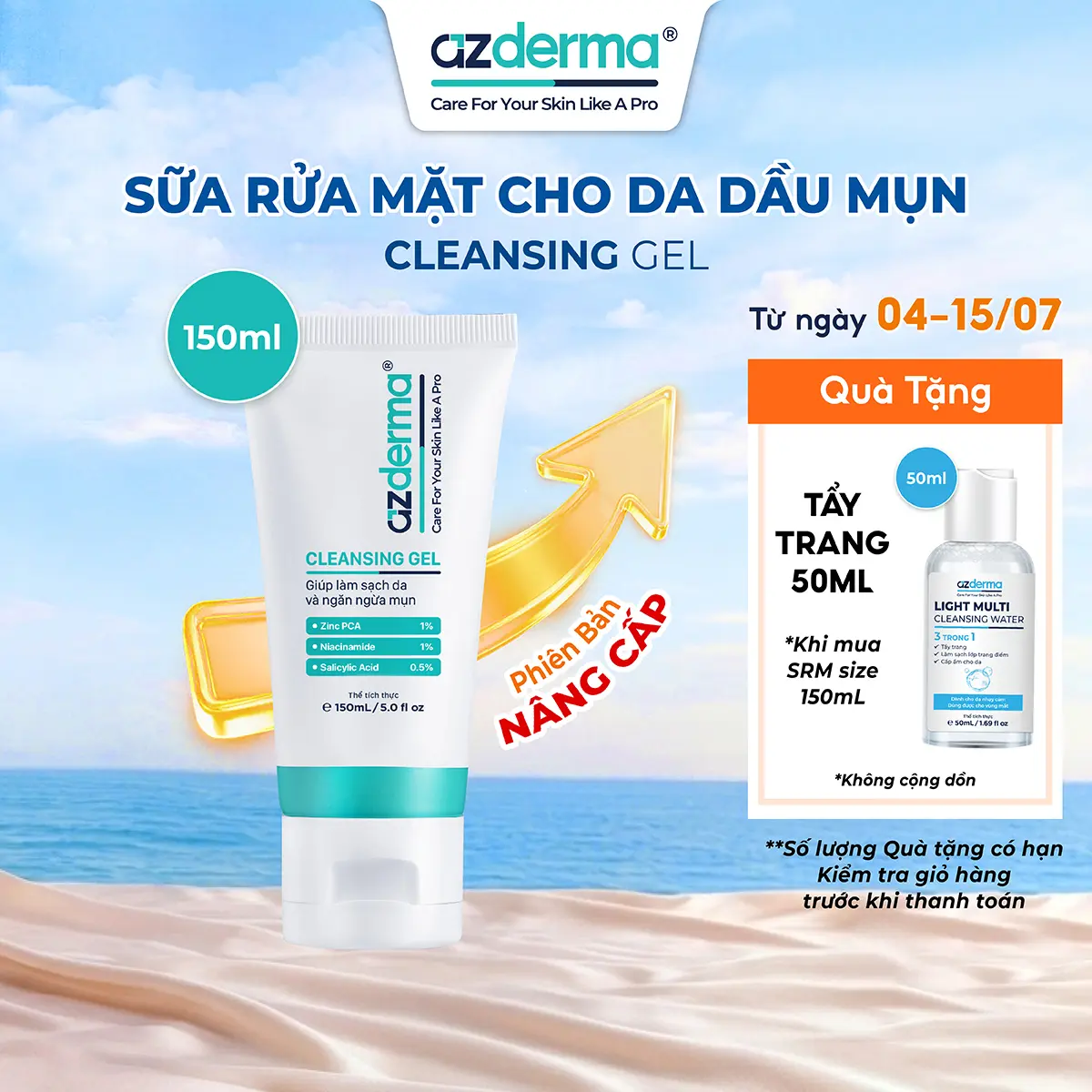[Bản Nâng Cấp 150ml] Gel rửa mặt giúp làm sạch da, hỗ trợ giúp giảm tình trạng mụn quay trở lại - Cleansing Gel Azderma ( Tặng TT50 Khi Mua SRM150 )