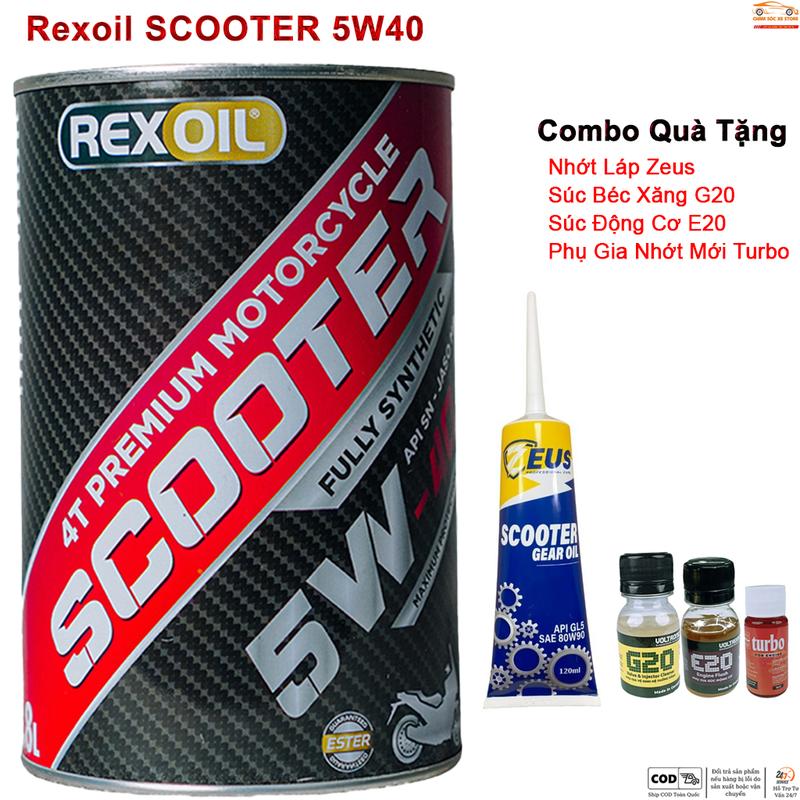 Dầu Nhớt Xe Tay Ga Rexoil Scooter 5W40 Tặng kèm 4 quà bao gồm 1 súc động cơ E20 và 1 phụ gia nhớt mới Xado Very Turbo, 1 súc béc xăng và 1 láp zeus