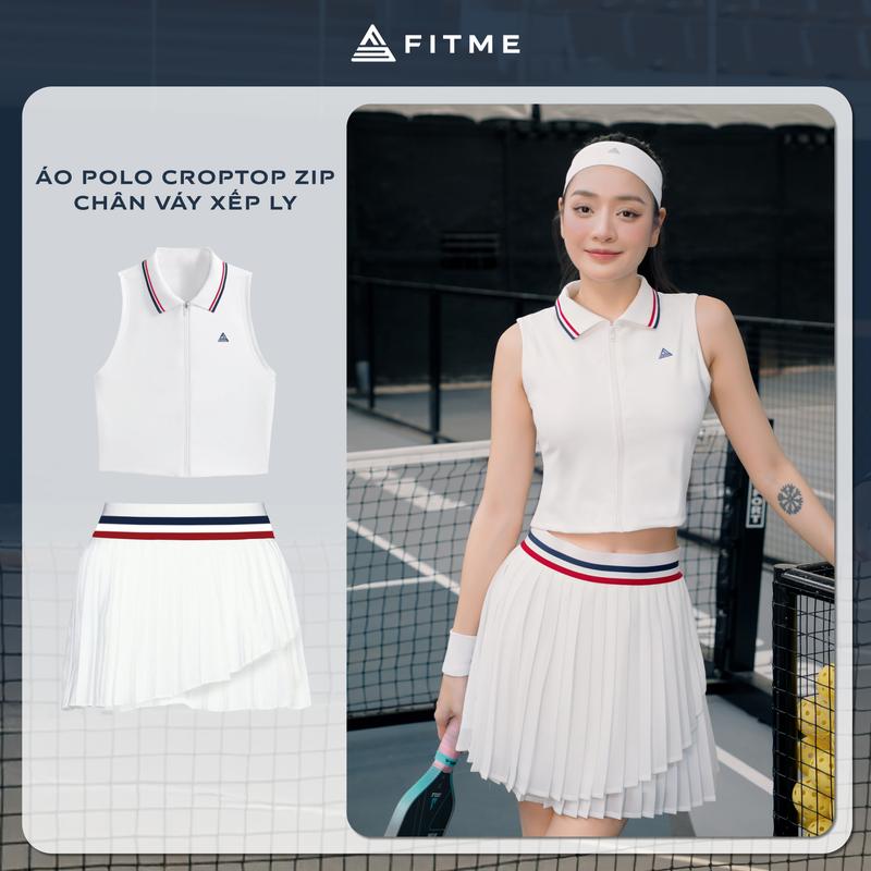 Bộ đồ Pickleball, cầu lông, tennis nữ Fitme ES áo croptop tôn dáng, chân váy 3 lớp Trắng năng động có quần bảo hộ