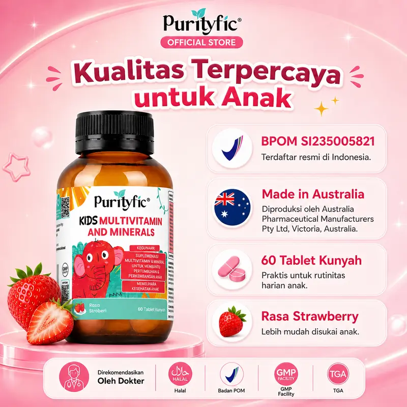 Purityfic Kids Multivitamin 12 Vitamin & 5 Mineral  - Vitamin Anak untuk Membantu Pertumbuhan & Perkembangan Anak dan Memelihara Kesehatan Anak | 60 Tablet Kunyah rasa Strawberry – Made in Australia