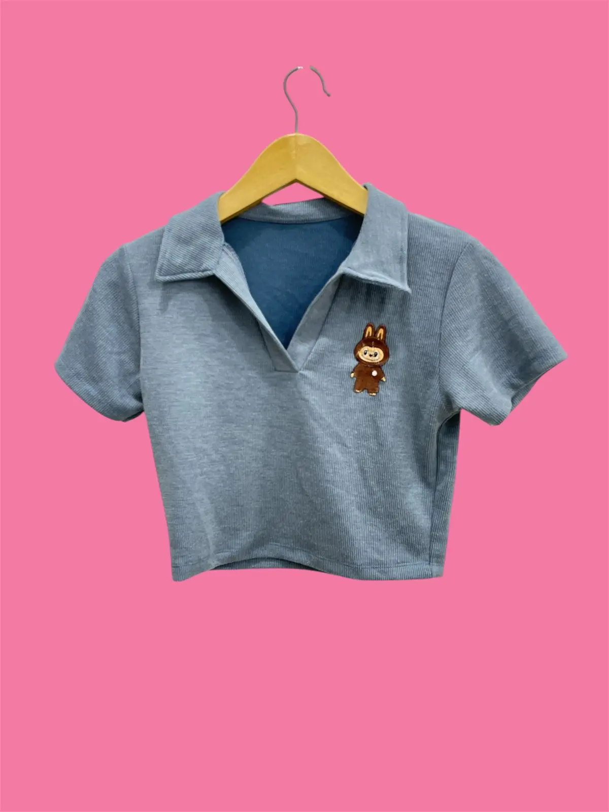 Crop top  kerah atasan wanita MOTIF LABUBU tangan pendek Kaos Polo
