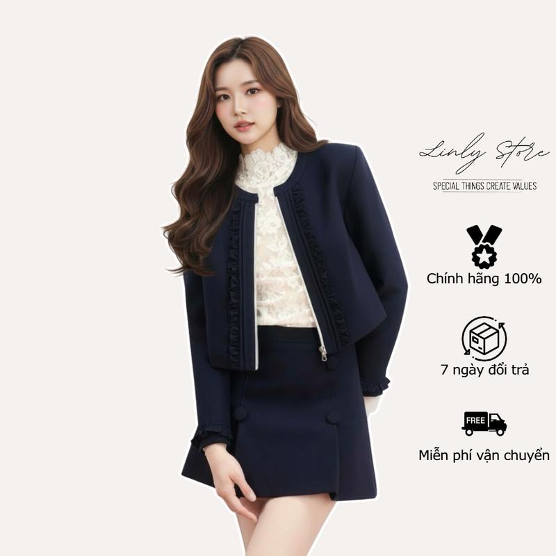  Set áo khoác cổ tròn khóa kéo dáng lửng phối bèo và chân váy chữ A xếp ly tiểu thư Linly Store A-AK5 