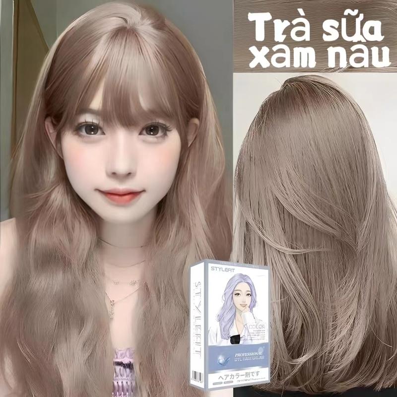 2-2025 Thuốc nhuộm tóc thực vật, 2 * 100ml, [Tặng miễn phí]: Dụng cụ nhuộm tóc + Mặt nạ dưỡng tóc, thuốc nhuộm tóc, trà sữa màu xám, hạt dẻ màu xám