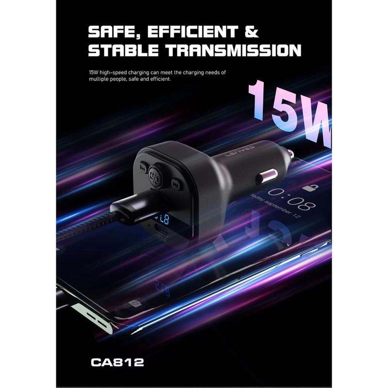Product Introduction of LENYES Car Charger FM Transmitter CA812 Bluetooth 5.3 Modulator Adaptor Mobil Dual Port USB + Type C With Mic 2