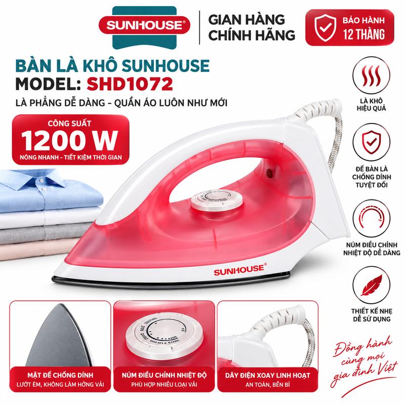 Bàn Là Khô Sunhouse SHD1072 Công Suất 1200W Mặt Đế Chống Dính Cao Cấp Ủi Nhanh…