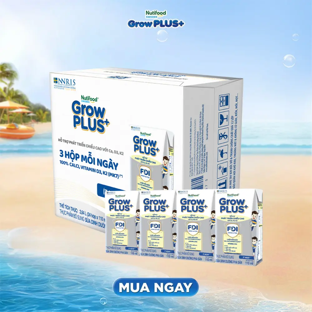 Thùng 24 hộp 110ml sữa Bột Pha Sẵn Nutifood Sweden GrowPLUS+ Cao lớn vượt trội hộp Ít ngọt (1 Thùng x 2.64L)