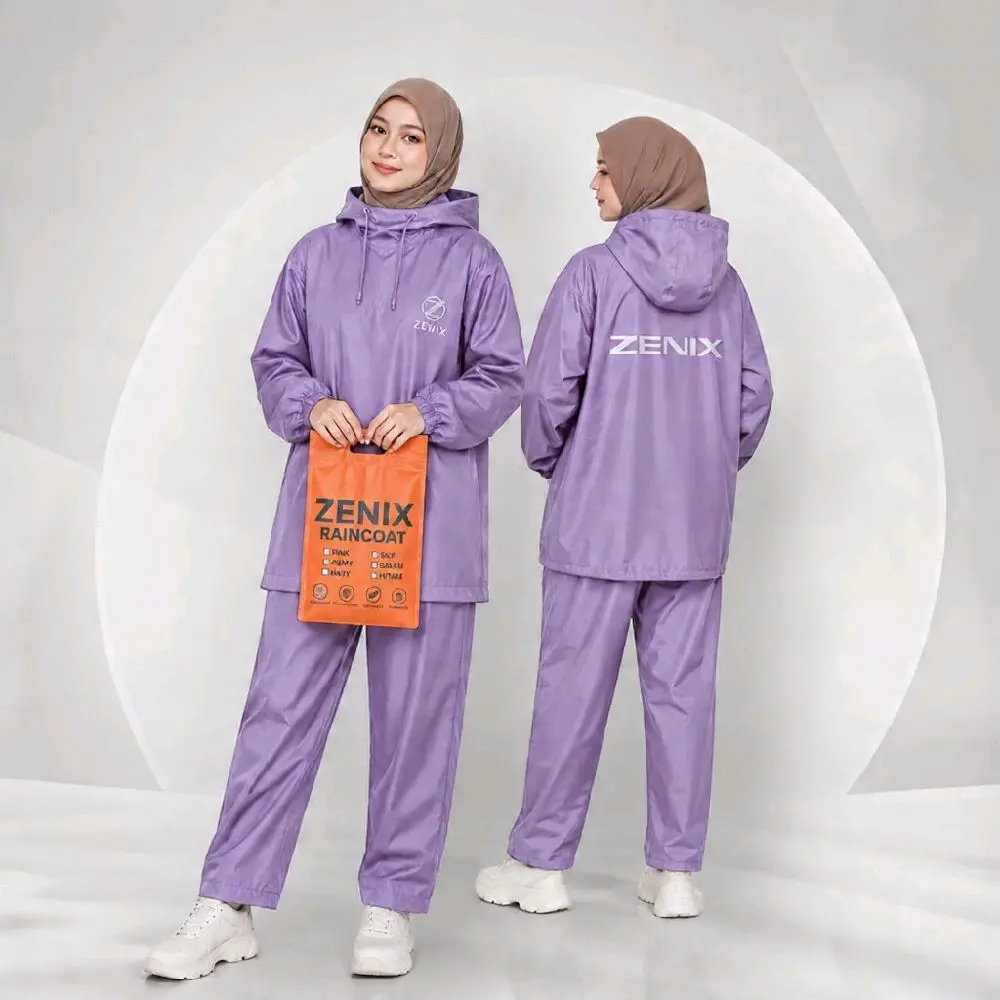 Jas Hujan Hoodie Zenix untuk Pria Wanita dengan celana full siler