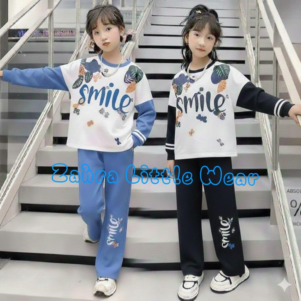 Zahra Little Wear Cod Setelan Sweater Smilee Anak Perempuan Outfit Viral Bahan Babyterry Tebal Adem Lembut Nyaman Usia 1-12 Tahun