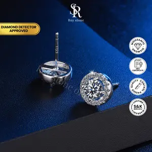 Roystone_Moissanite Anting Wanita Original Sertifikat GRA Silver925 Lapis Emas18K_Luxury Round Earring 0,6 - 2CT