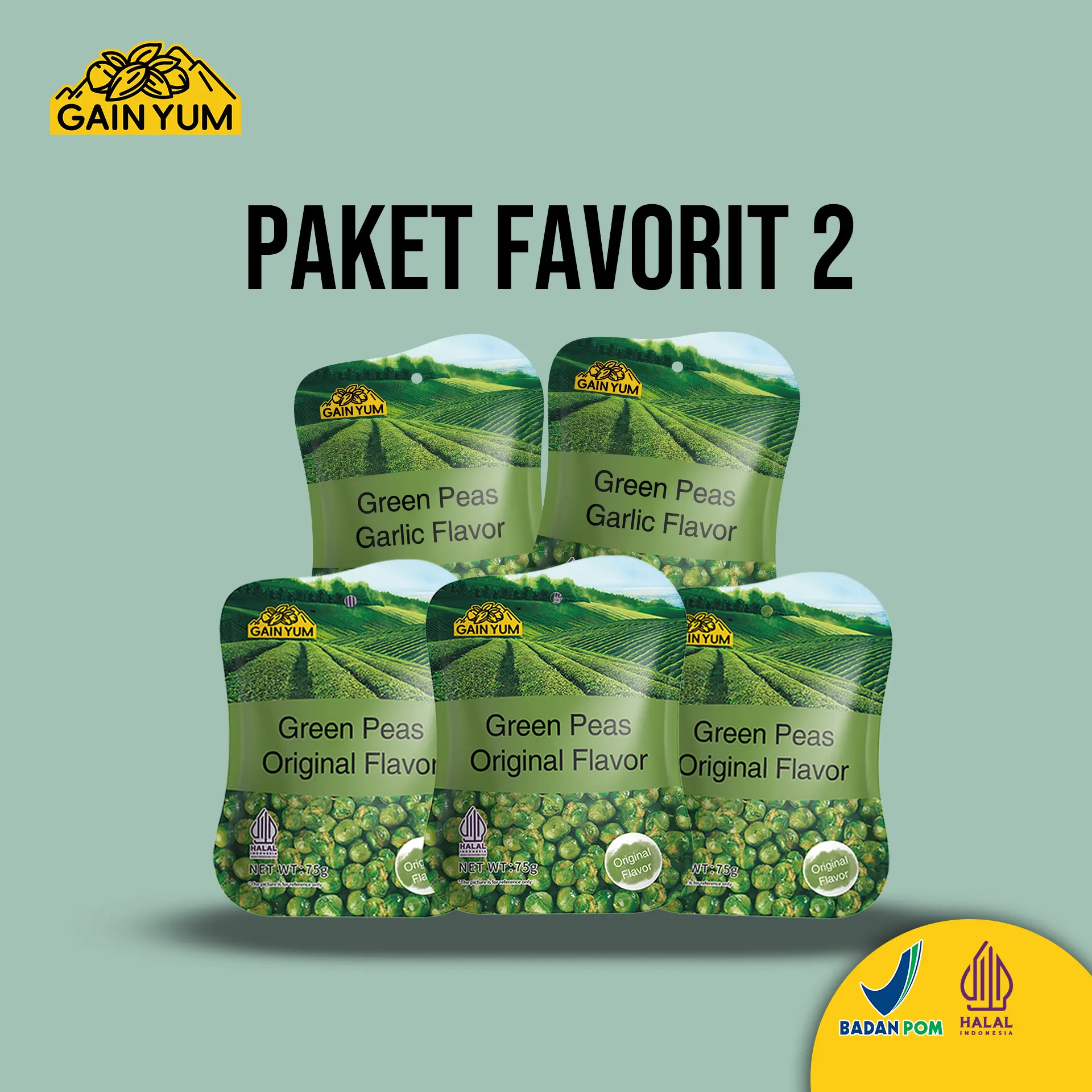 [ PAKET FAVORIT 2 ] Gain Yum Snack - Kacang Polong Rasa Bawang Putih dan Original Ukuran 75g