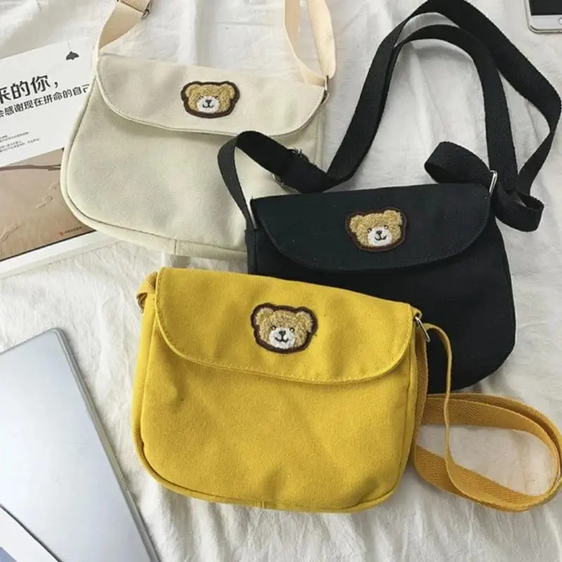Twenty Bag - Tas Selempang Mini Anak Wanita Pria Terbaru Kekinian Motif Carakter BERUANG TUTUP BORDIR Fashion Korean Style Murah Bahan Canvas Tebal 0
