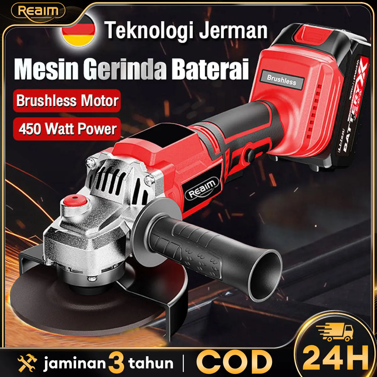REAIM gerinda Baterai Brushless 4Inch 450W Mesin gerinda Baterai Tangan Cordless Angle Grinder Mesin gerinda Tangan Murah promo gerinda promo gerinda gerinda mini potong promo gerinda modern cucigudang gerinda maktec