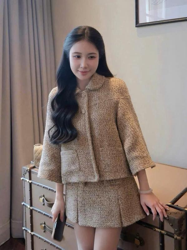 Set Dạ Tweed Nữ 2 Món Áo Khoác Lửng Dài Tay Phối Chân Váy Chữ A Đính Nơ Thanh Lịch Chất Tweed Dày Dặn Cao Cấp - LIING