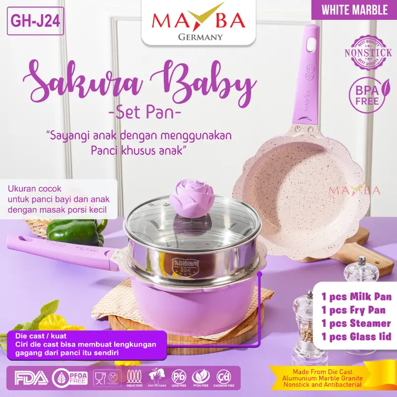 PANCI SET MAYBA BABY PAN 4 pcs Perlengkapan bayi Kids | Peralatan Wajan masak anak diatas bolde | Cream Frying Milk pan steamer lavender merah Pink Black 4
