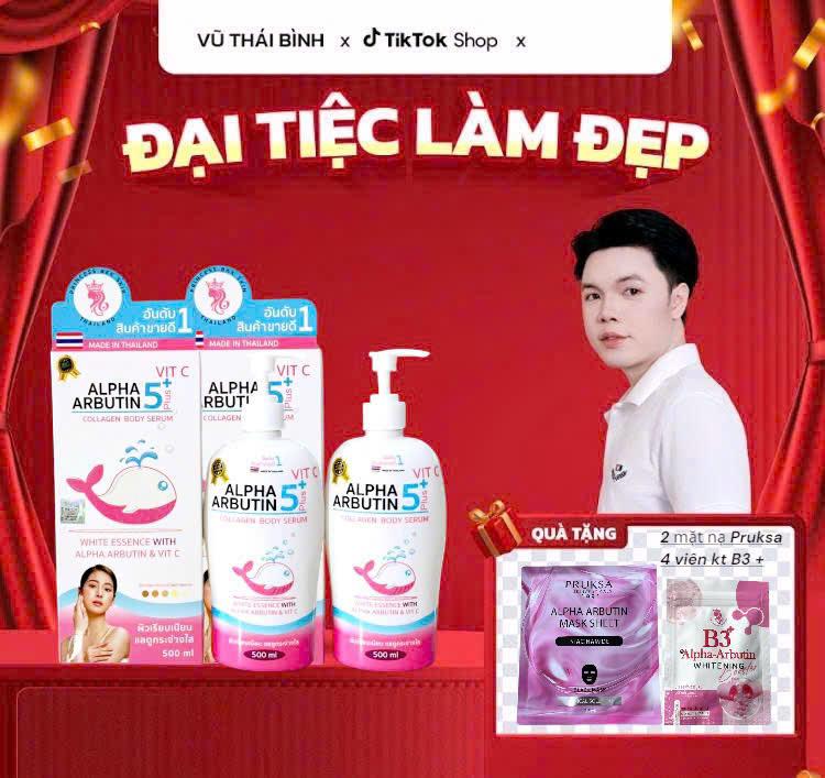  VTB - COMBO 2 CHAI DƯỠNG THỂ BODY SERUM ALPHA ARBUTIN 5 PLUS VITC 1000ml THÁI  TẶNG KÈM 4 VIÊN KÍCH TRẮNG & 2 MẶT NẠ  