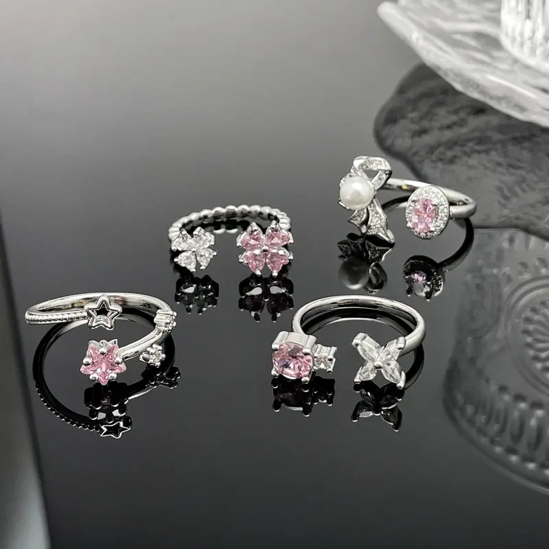 Light Luxury Sweet Cool Pink Diamond Love Flower Star Geometric Open Ring