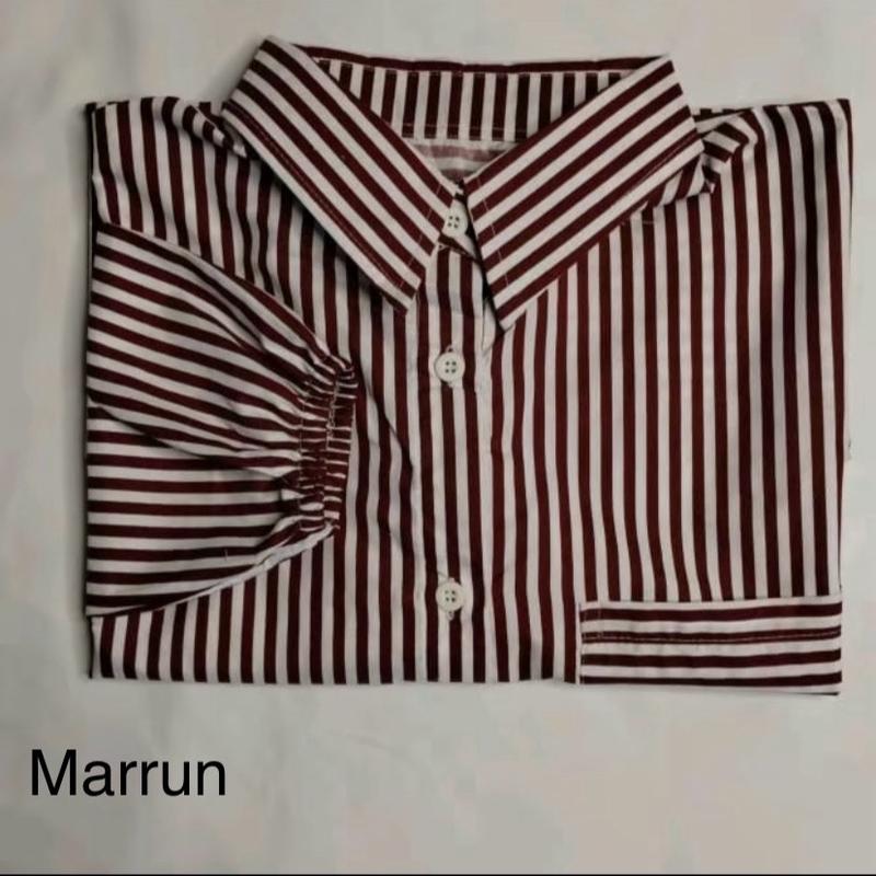 Kemeja Stripe  Oversized - Atasan Wanita - Pakaian Wanita - Stripe Shirt Atasan Wanita Lengan Panjang Katun Salur Baju Garis 7