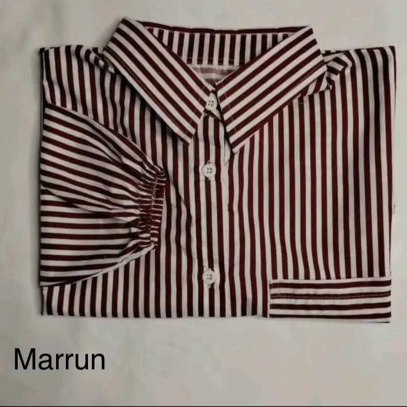 Kemeja Stripe  Oversized - Atasan Wanita - Pakaian Wanita - Stripe Shirt Atasan Wanita Lengan Panjang Katun Salur Baju Garis 7