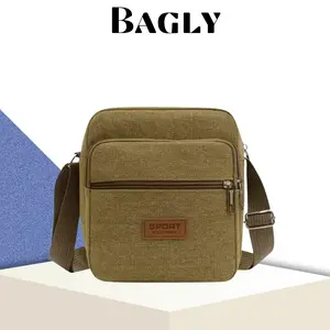 BAGLY Tas Selempang Bahu Pria Polos Bahan Kanvas Tali Adjustable Gaya Santai Sport Best Fashion Serat Kanvas Halus Resleting Utama 2 Bagian Depan Belakang