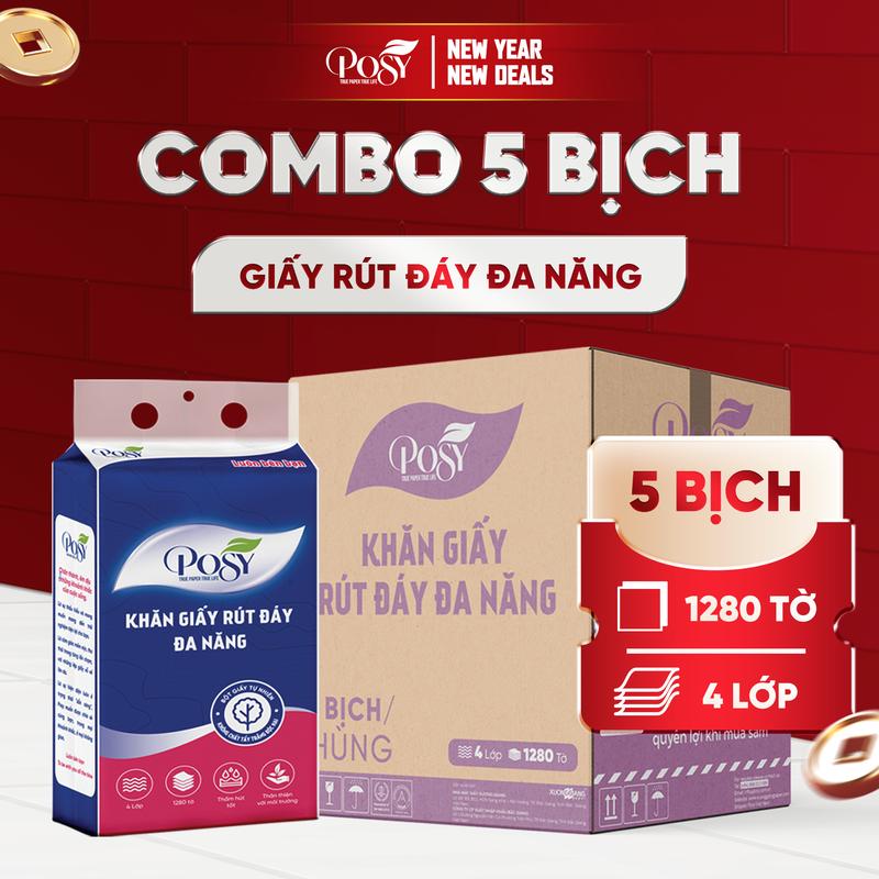 Posy -  DEAL 3+2  Nhận ngay 5 bịch khăn giấy Khăn Giấy Đa Năng Size TO Treo Tường Rút Đáy 1280 Tờ 4 Lớp An Toàn Lành Tính Mềm Mịn Thấm Hút Tốt Dễ Phân Hủy Thân Thiện Với Môi Trường 