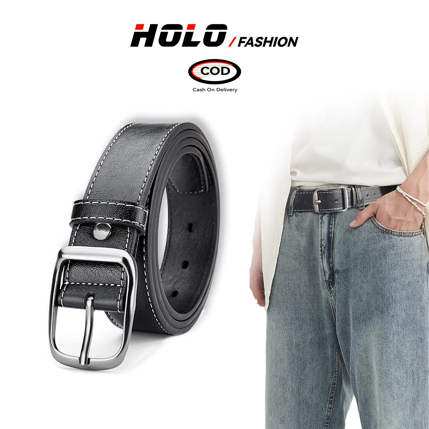 HOLO Ikat Pinggang Pria Kulit Korea Selatan Fashionable Dan Versatile Sabuk Jeans Sabuk Wanita Hitam