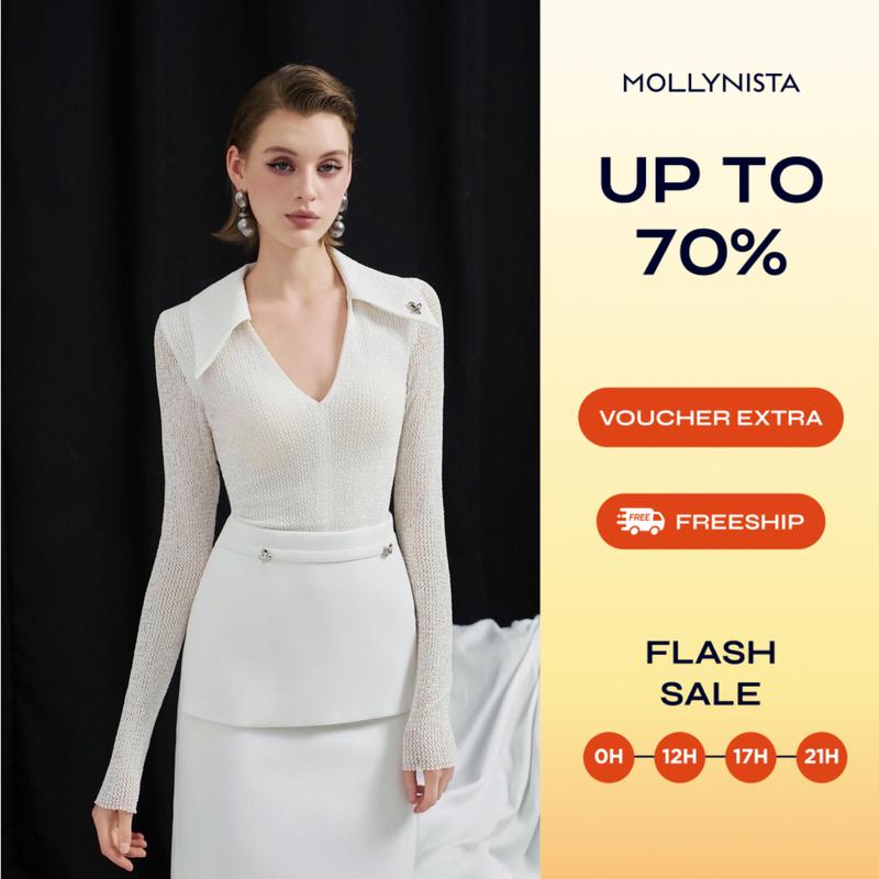 Áo thiết kế ren tay dài lá cổ lớn MOLLYNISTA thanh lịch quyến rũ nữ tính cao cấp tôn dáng