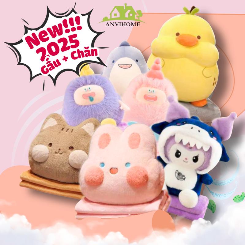  Anvihome 2025 - Gấu bông kèm chăn mền - Gấu bông quái vật lele kuromi mèo hoàng thượng capybara vịt cá heo mèo stitch ôm vịt 