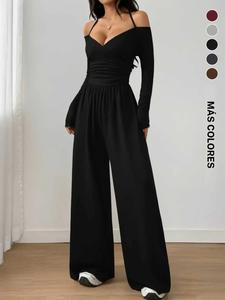 Mono casual de mujer de color sólido con hombros descubiertos y pierna ancha fruncida, elegante y cómodo mono de una pieza para uso diario