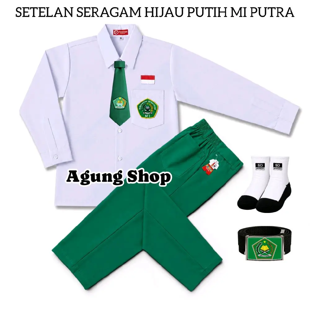 Setelan Seragam Sekolah MI / SD Putih Hijau Anak Laki-Laki