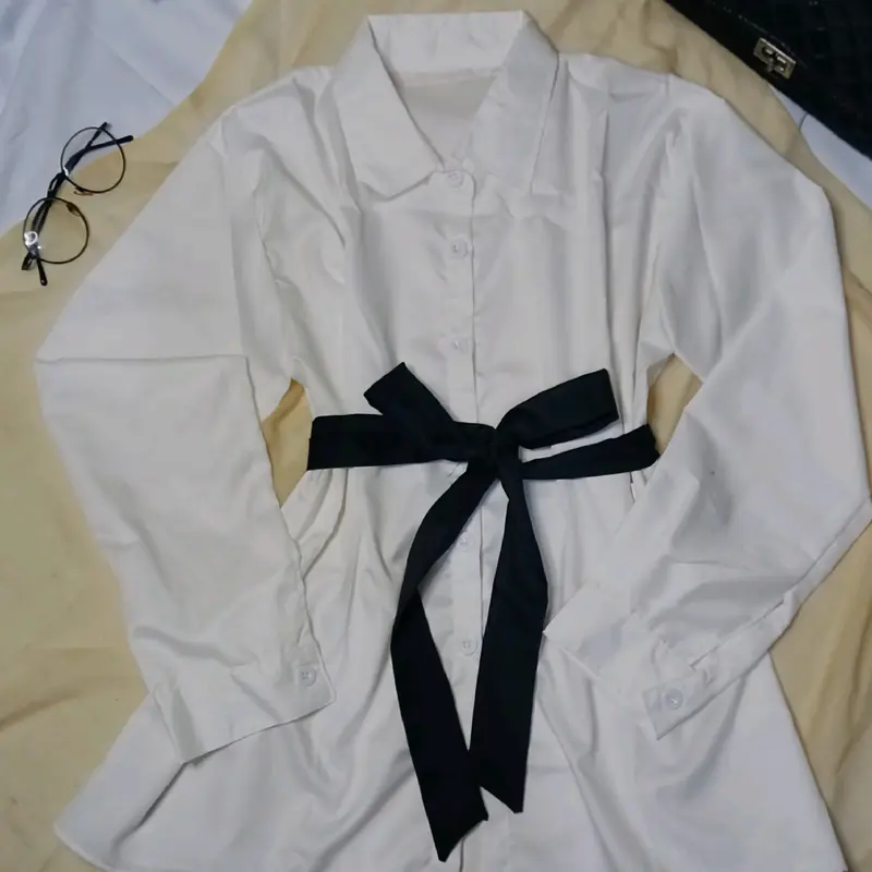 KR - Kemeja Basic Belt Simple Sepuluh Model Kemeja Wanita Remaja Dewasa Formal Kerja Kuliah Kerah Casual Atasan Wanita Ootd Fashion Korean Style Terbaru Murah Baju Kancing Katun Muslim Panjang Toyobo 5