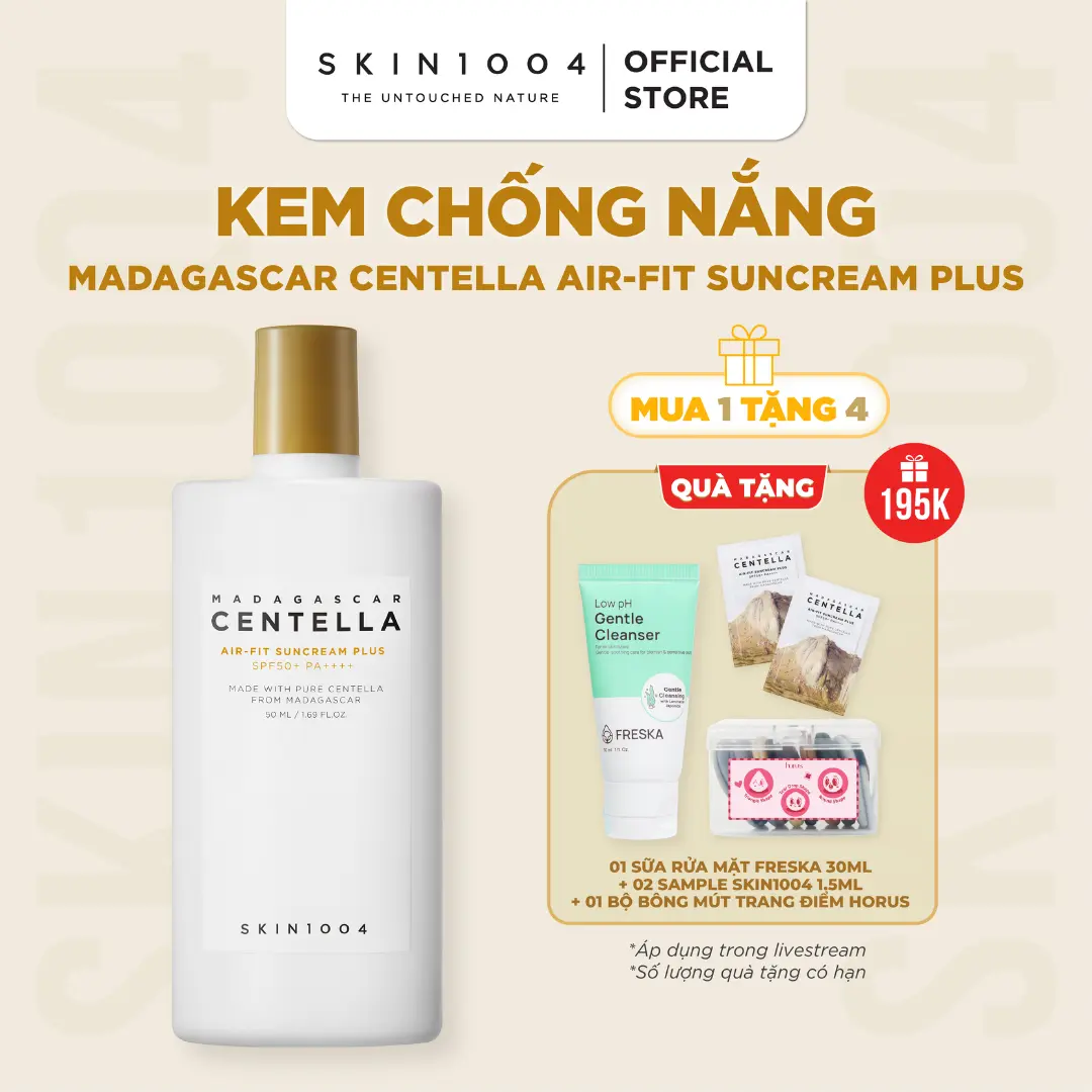 [LS][Tặng 1 sữa rửa mặt Freska 30ml+1 bộ bông mút trang điểm Horus+2 sachets bất kỳ] SKIN1004 Kem chống nắng vật lí Madagascar Centella Air-Fit SunCream Plus SPF50+PA++++ 50ml