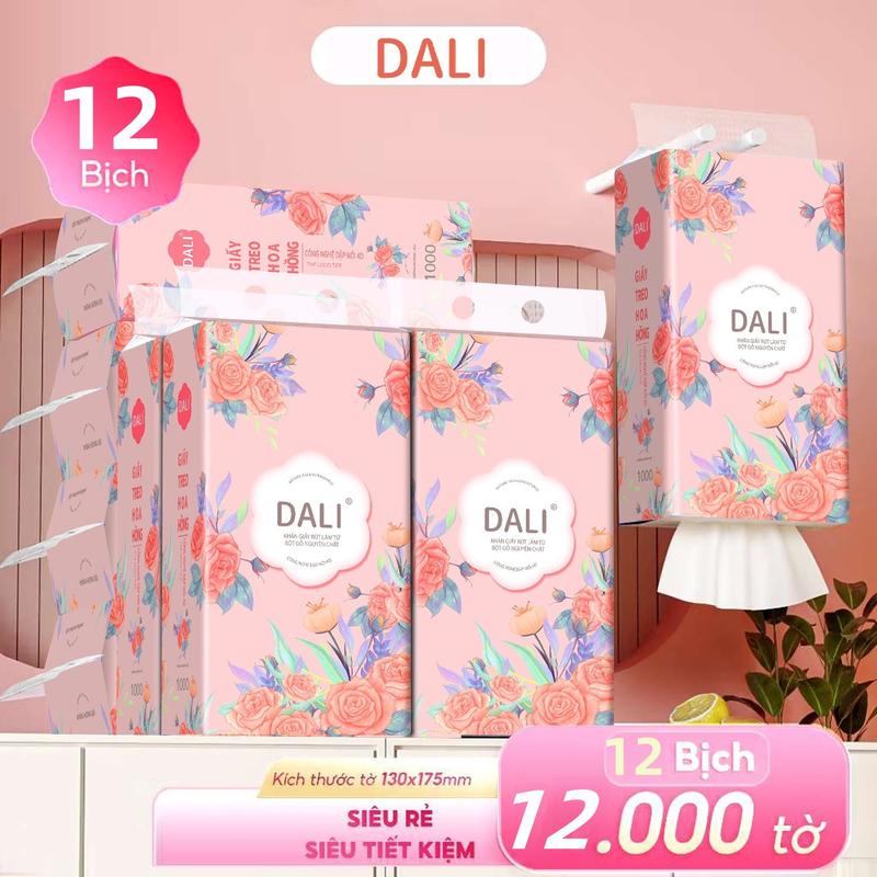 Thùng 12 bịch giấy đa năng, giagia top Giấy Hoa hồng DALI, khăn giấy vệ sinh treo tường 4 lớp, bịch 1000 tờ