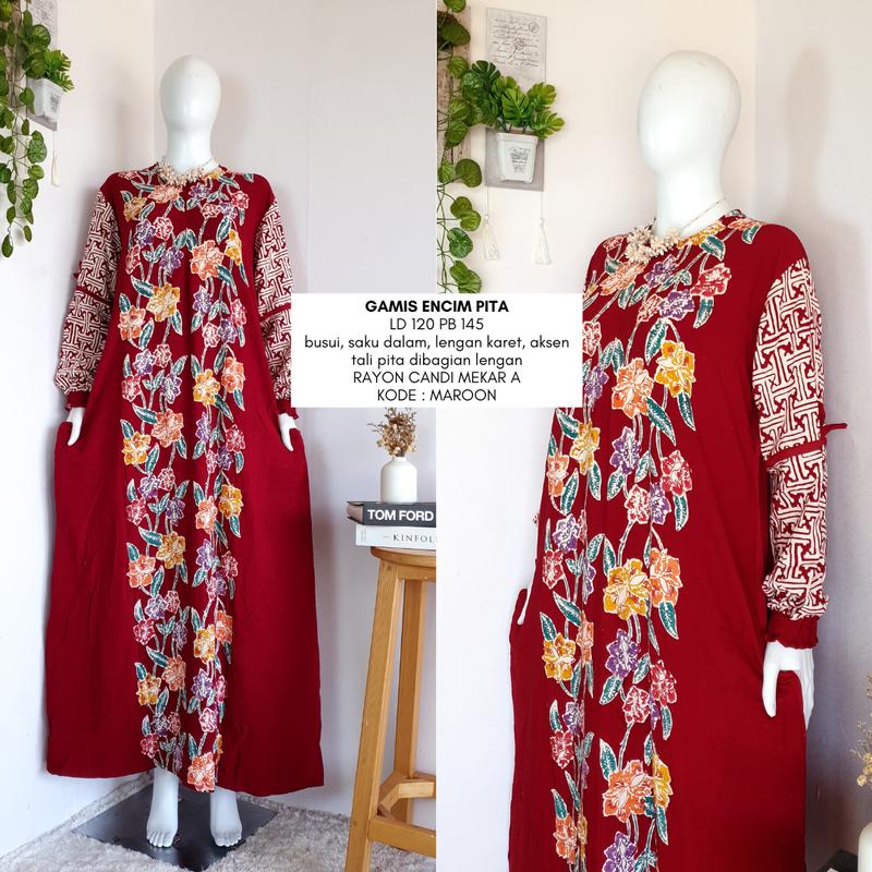 gamis encim pita  LD 110-120 | busui friendly | gamis batik cap colet premium rayon candi mekar Muslim Dress Wanita 2