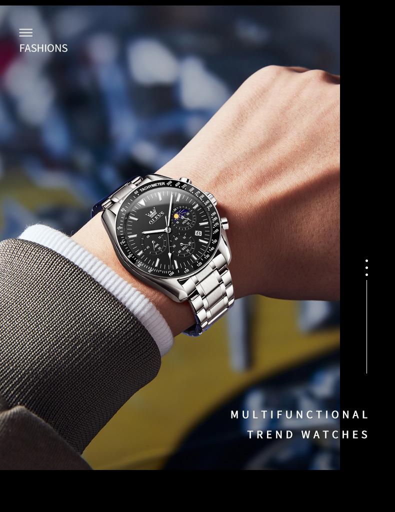 Product Introduction of OLEVS Men's Multifunction Steel Watch | Swiss Quartz + Sapphire Glass | 30M Waterproof & Luminous Dial | Business Minimalist Model 3618 4