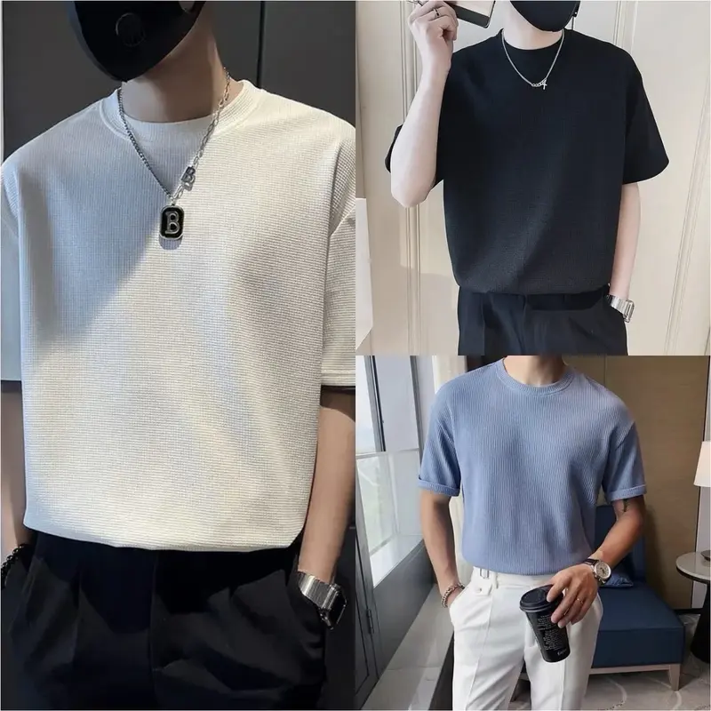 Paket Hemat 3Pcis Kaos Waffle Knit Lengan Pendek Pria - Baju Knitwear Hitam baju distro Jaket 5