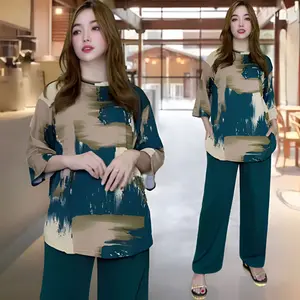 MAYAMEEN SETELAN WANITA LD 120 CELANA LURUS DAN ATASAN OVAL BELAHAN KIRI DAN KANAN OVERSIZE WANITA celana lurus karet kantor kaos santai Motif