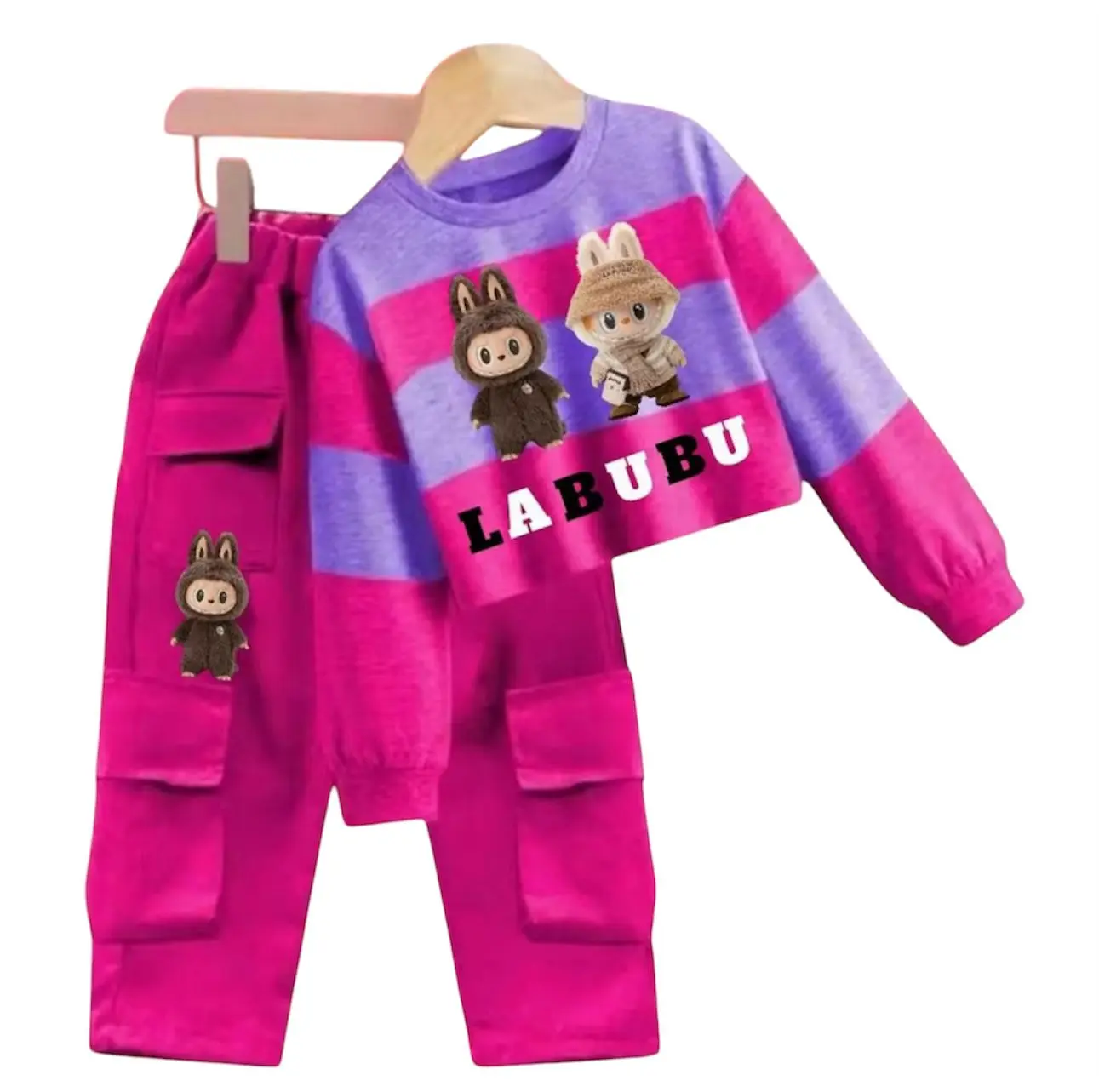 setelan viral anak perempuan setelan boneka labubu anak baju sweater dan celana kargo anak