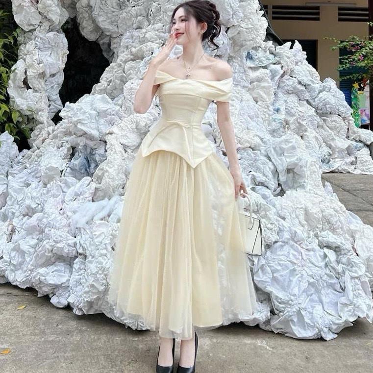 Váy Đầm Thiết Kế Đi Tiệc KB525 Bàn Trễ Vai Xếp Ly Kèm Chân Váy Rời Sang Chảnh Cao Cấp - Kinh Bắc Trend