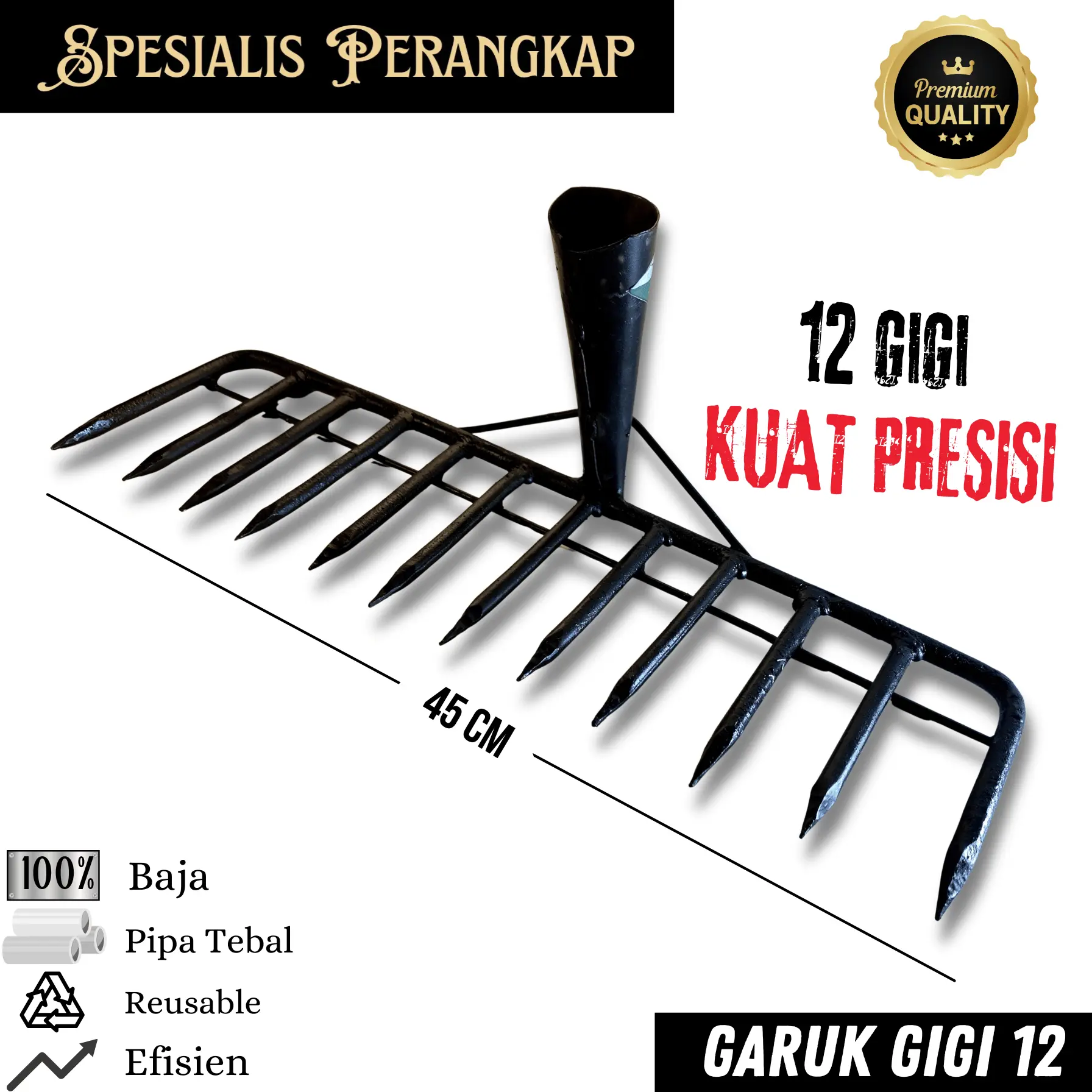 Garukan Sampah Gigi 12 Lebar 44 cm – Garuk & Penggembur Tanah Sawah Kebun Ladang – Harga Grosir