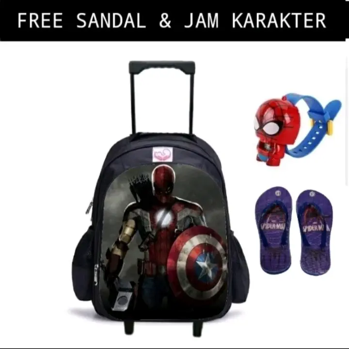 COD/ Paket Hemat 3in1 Tas Ransel Troli Anak Laki-laki/Ransel Troly Superhero Free Jam Tangan Dan Sandal spon 1