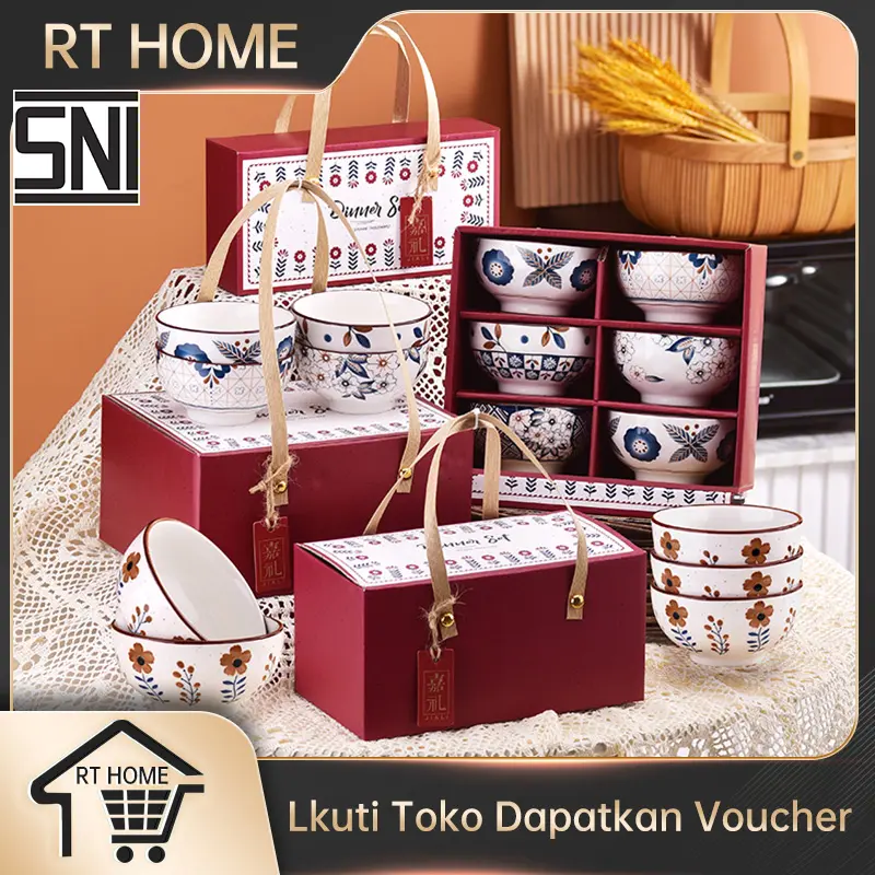 Seri Bunga Vintage Souvenir mangkuk set porselen biru dan putih bermutu tinggi mangkuk keramik kotak hadiah mangkuk Jepang kado pernikahan mangkok 0