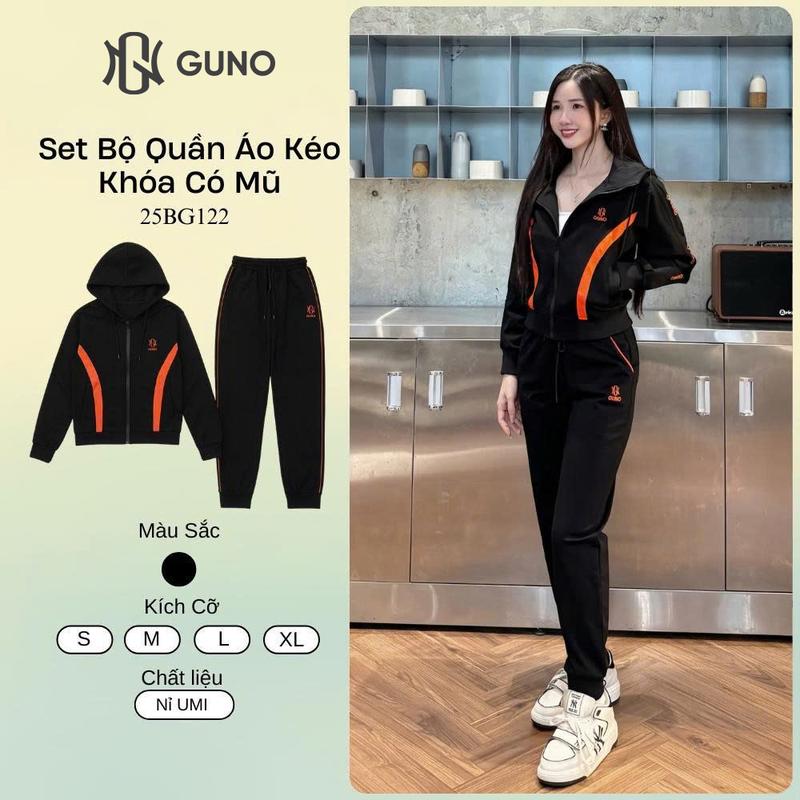 GUNO-Bộ quần áo nỉ NỮ UMI GUNO có mũ kéo khóa phối màu chữ dọc tay SP5 |25BG122