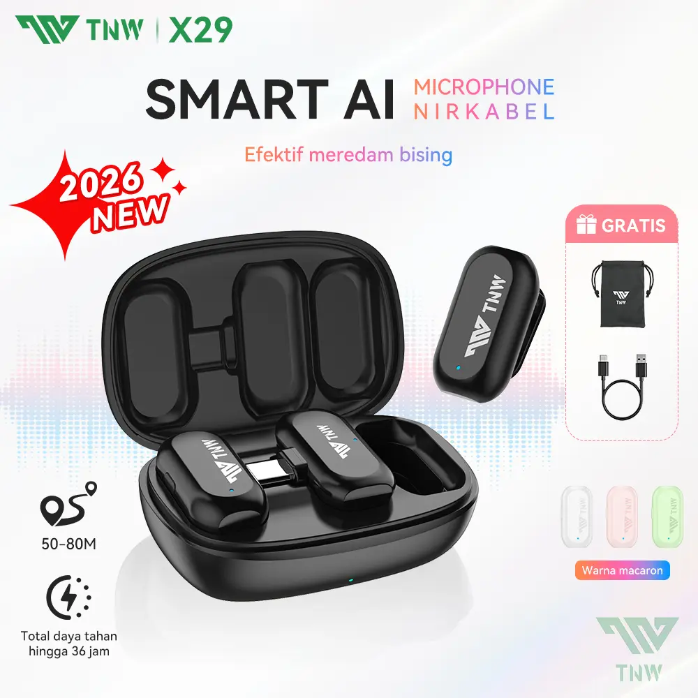 TNW X29 Wireless Lavalier Microphone Mini Clip-On Mikrofon Smart AI Noise Reduction Microphone Plug & Play Mic With Charging Case
