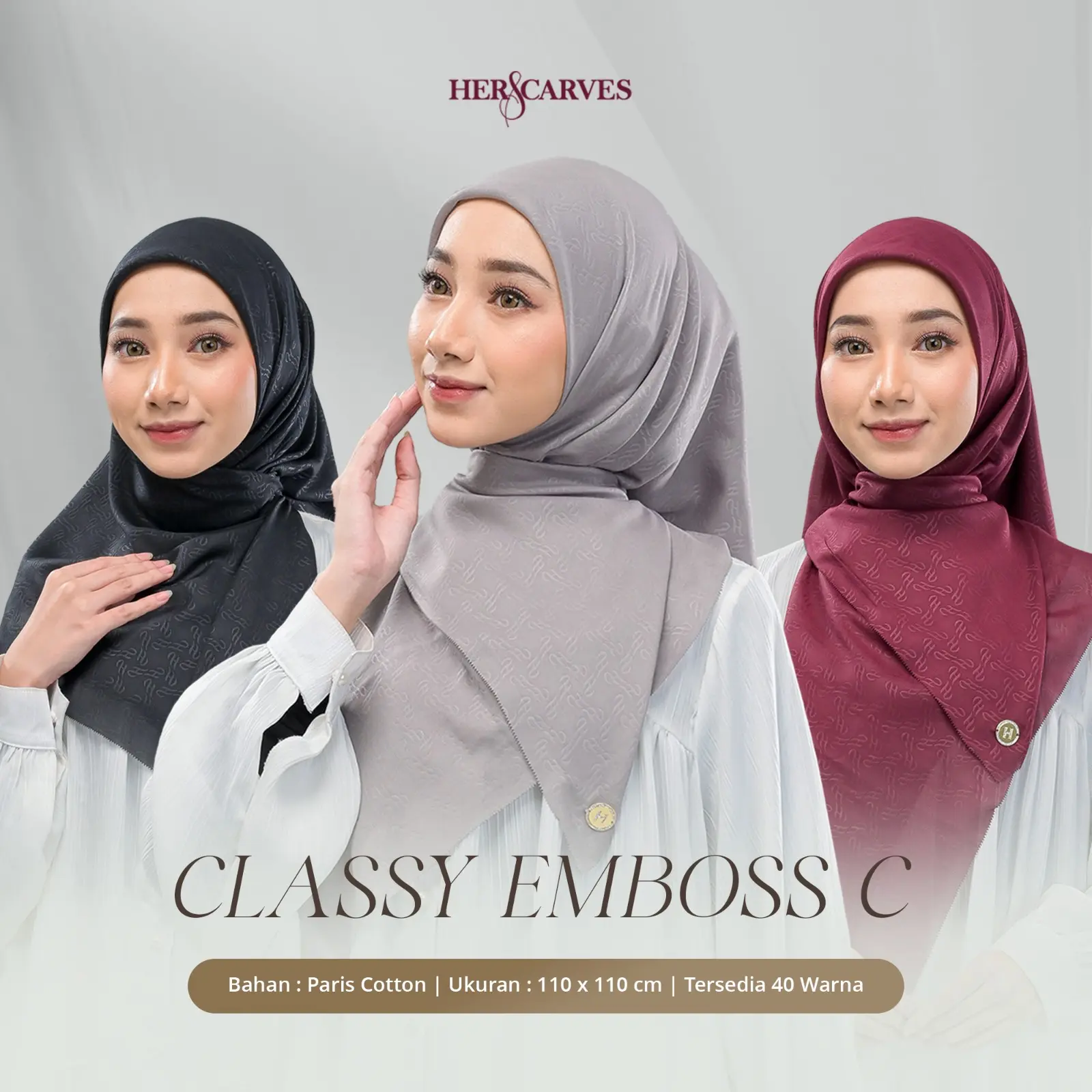 New Classy Emboss Hers - Kerudung Hijab Segi Empat Polos Box Premium by HerScarves - Ecer (1pcs)